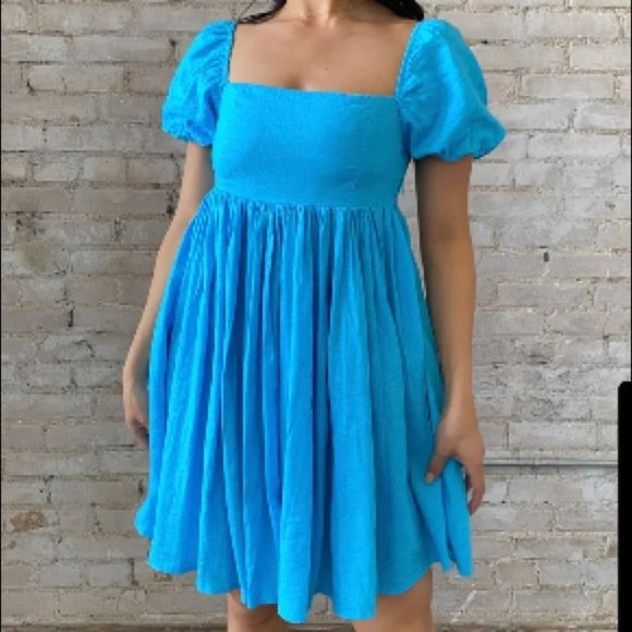 🆕 AQUA BLUE PUFF SLEEVE BABYDOLL MINI DRESS - Picture 2 of 6